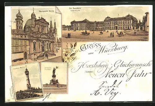 Lithographie Würzburg, Franken-Warte, Residenz und Neumünster Kirche