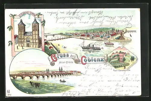 Lithographie Coblenz, Mosel-Brücke, Fort Constantin, St. Florins-Kirche
