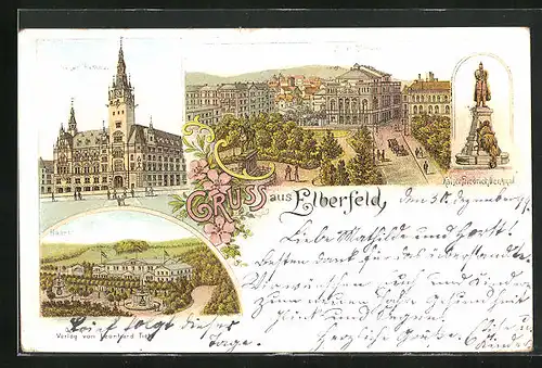 Lithographie Elberfeld, Kaiser Friedrich Denkmal, neues Rathaus und Stadttheater