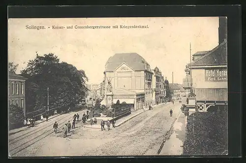 AK Solingen, Kaiser- und Cronenbergerstrasse mit Kriegerdenkmal