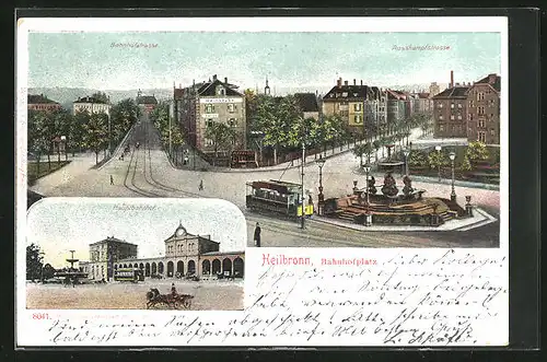 AK Heilbronn, Bahnhofsplatz, Hauptbahnhof und Strassenbahn
