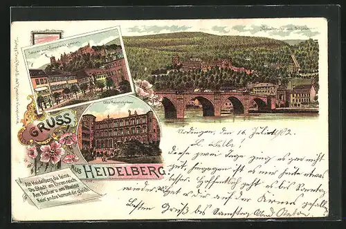 Lithographie Heidelberg, Schloss, Otto Heinrichsbau und Neckarbrücke