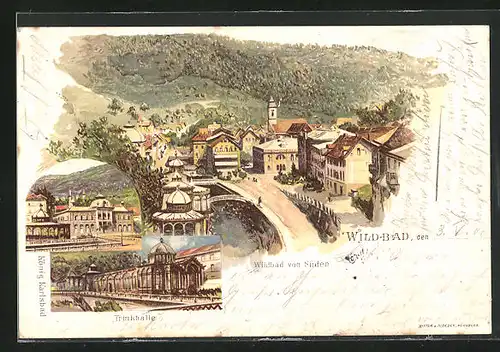 Lithographie Wildbad, Gasthaus Trinkhalle, Teilansicht von Süden, Ortspartie