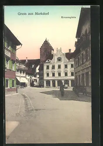 AK Markdorf, Kronenplatz mit Gasthof und Geschäften