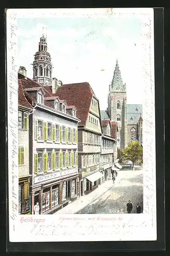 AK Heilbronn, Fleinerstrasse mit Geschäften und Kilianskirche