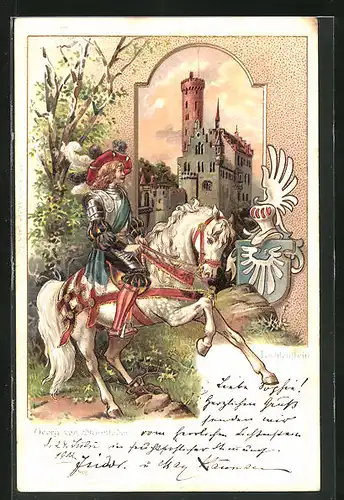 Passepartout-Lithographie Lichtenstein, Blick zur Burg, Georg von Sturmfelder zur Pferde