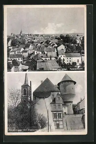 AK Bitburg /Eifel, Totalansicht, Römermauer mit Wasserturm