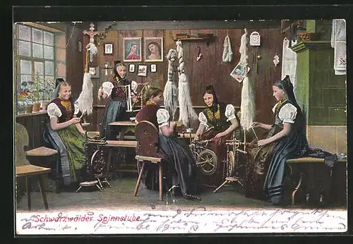 AK Schwarzwälder Tracht, Frauen in der Schwarzwälder Spinnstube