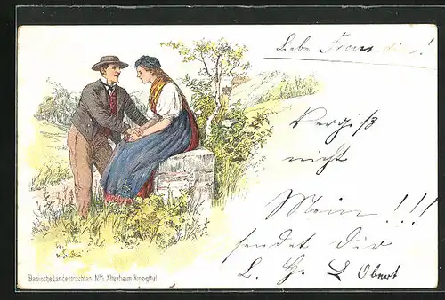 Lithographie Altenheim /Kinzigthal, Badische Landestrachten, Paar an einem Stein