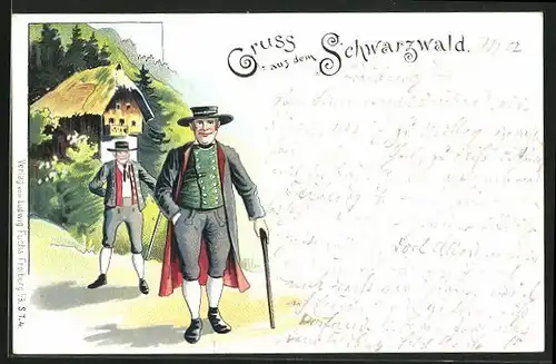 AK Gruss aus dem Schwarzwald, Zwei Herren in Schwarzwälder Tracht