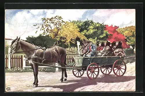 Künstler-AK Menschen in Pferdekutsche in Schaumburg-Lippischer Tracht