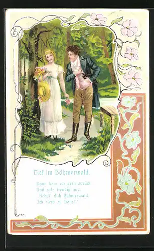 Präge-AK Liebespaar spaziert im Wald