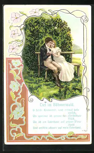 Präge-AK Liebespaar sitzt auf Bank