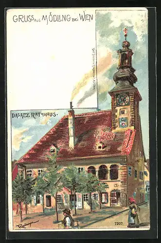 Lithographie Mödling, das alte Rathaus