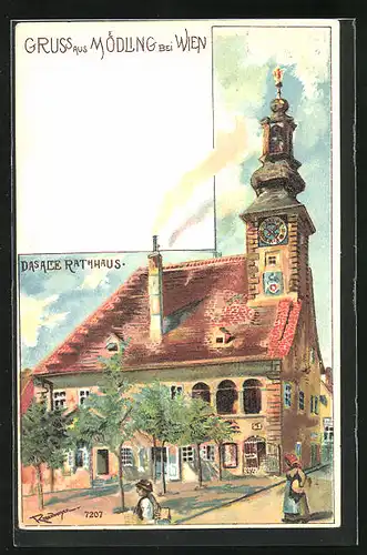 Lithographie Mödling, Blick auf das alte Rathaus