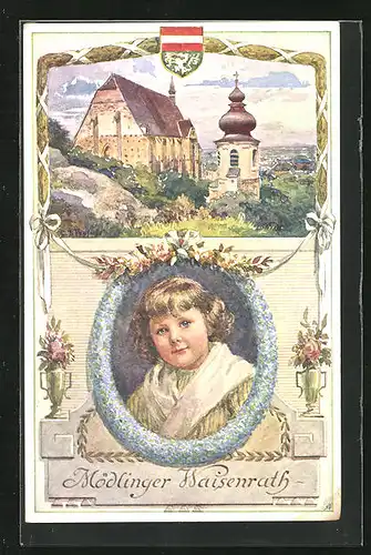 AK Mödling, Waisenrat und Bild von jungem Mädchen, Kirche