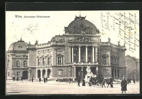 AK Wien, Deutsches Volkstheater mit Pferdekutsche