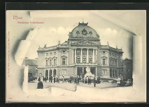 AK Wien, Deutsches Volkstheater mit Passanten und Kutsche