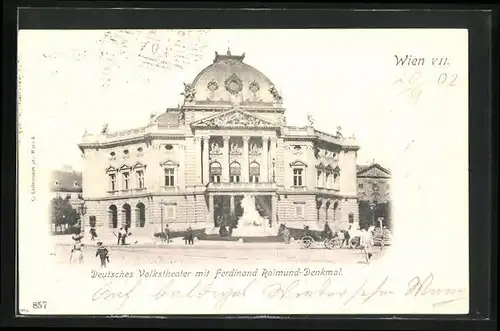 AK Wien, Ansicht des Deutschen Volkstheater mit Denkmal
