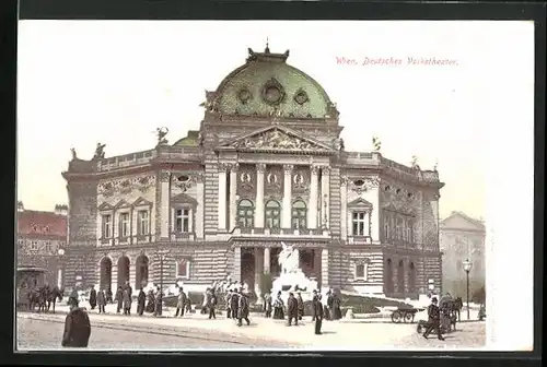 AK Wien, Deutsches Volkstheater mit Passanten und Kutsche