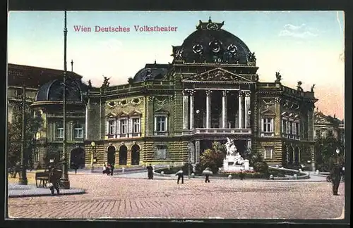 AK Wien, Deutsches Volkstheater mit Blau-Rosa Himmel