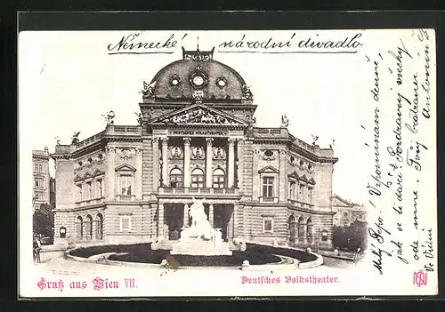 AK Wien, Frontalansicht Denkmal vor Deutschem Volkstheater