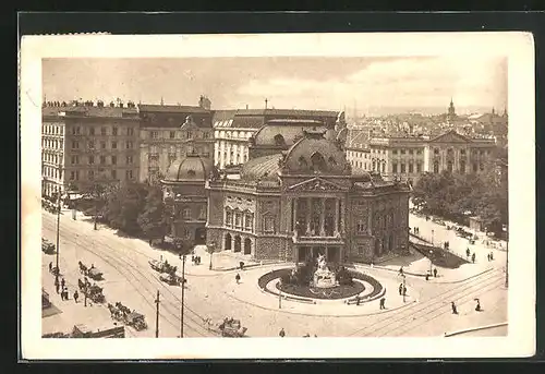 AK Wien, Deutsches Volkstheater mit Denkmal und Pferdewägen