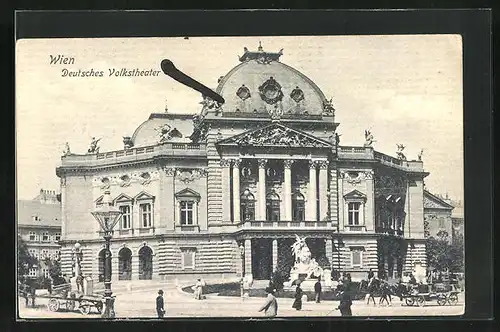 AK Wien, Deutsches Volkstheater mit Denkmal und Pferdewagen