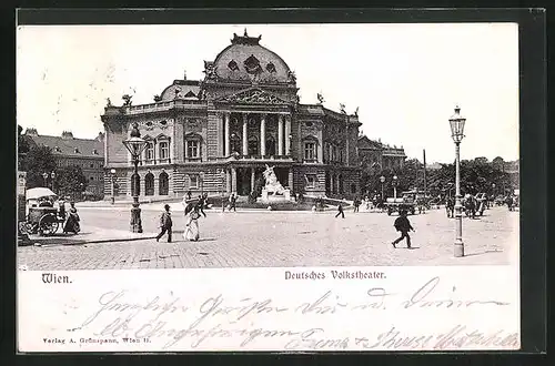 AK Wien, Deutsches Volkstheater mit Denkmal und Pferdewägen
