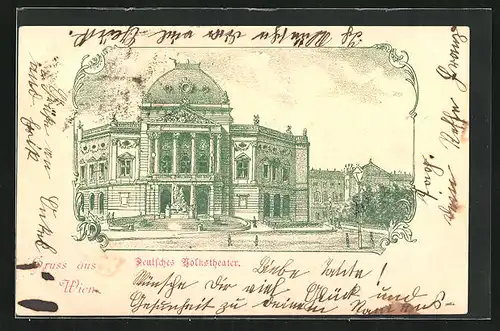 Lithographie Wien, Deutsches Volkstheater mit Denkmal