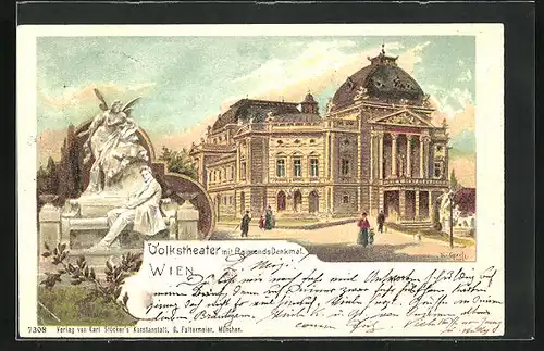 Künstler-AK Wien, Volkstheater mit Raimunds-Denkmal