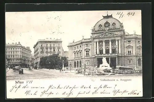 AK Wien, Volkstheater und Geschäft an der Strasse Burggasse mit Denkmal