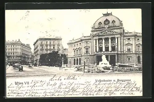 AK Wien, Volkstheater und Geschäft an der Strasse Burggasse mit Denkmal