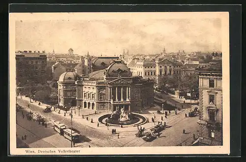 AK Wien, Deutsches Volkstheater mit Denkmal und Strassenbahn