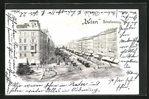 AK Wien, Strassenpartie, Schottenring, Strassenbahnen