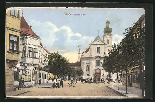 AK Györ, Erzsebet-ter, Kreuzung an der Kirche