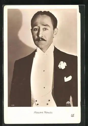 AK Schauspieler Adolphe Menjou im Frack mit Ansteckblume