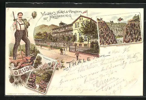 Lithographie Thale /Harz, Winkler`s Hotel & Pension zur Heimburg, Teufelsbrücke