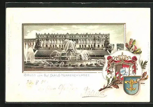 Passepartout-Lithographie Herrenchiemsee, Kgl. Schloss, Wappen