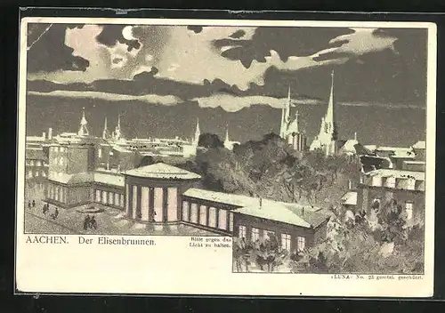 Lithographie Aachen, Elisenbrunnen aus der Vogelschau, Halt gegen das Licht: Erleuchtete Fenster