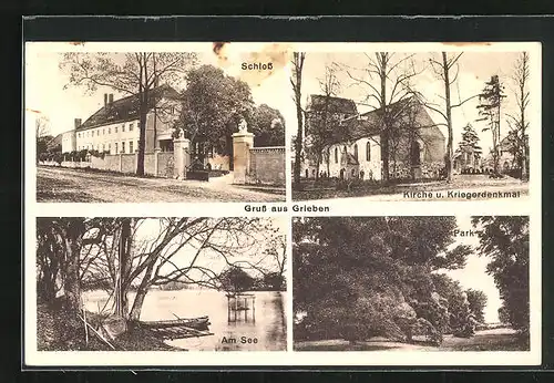 AK Grieben, Schloss, Kirche und Kriegerdenkmal, Park