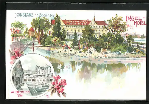 Lithographie Konstanz /Bodensee, Insel-Hotel v. A. Bauen