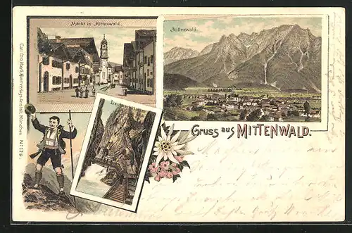 Lithographie Mittenwald, Markt mit Kirche, Leutaschklamm, Totalansicht