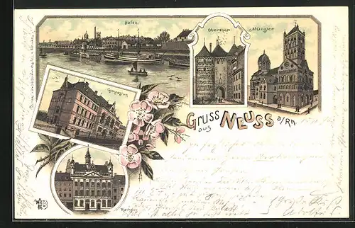 Lithographie Neuss /Rhein, Gymnasium, Münster, Hafen