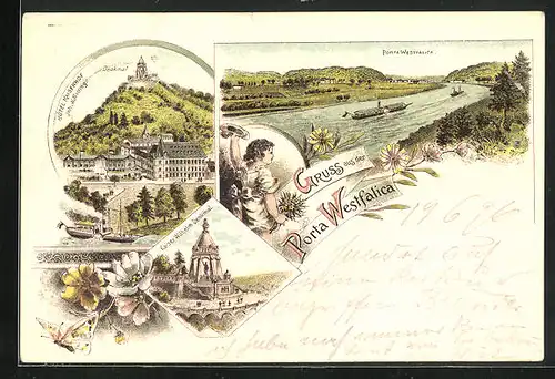 Lithographie Porta Westfalica, Hotel Kaiserhof mit Denkmal, Kaiser-Wilhelm-Denkmal