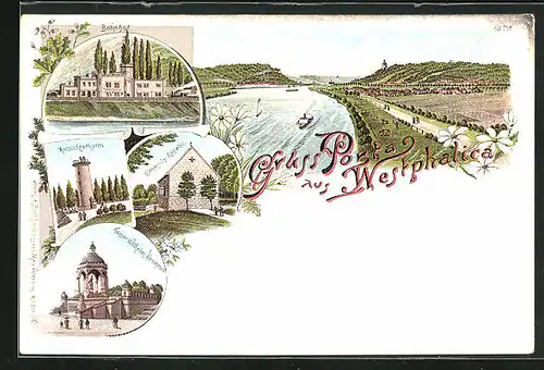 Lithographie Porta Westfalica, Bahnhof, Witterkinds-kapelle, Aussichtsturm