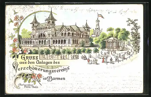 Lithographie Barmen, Anlagen des Verschönerungsvereins, Restaurant v. Fritz Theis