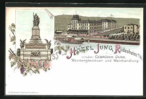 Lithographie Rüdesheim a. Rh., Hotel Jung von Gebrüder Jung