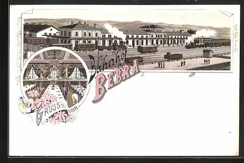 Lithographie Bebra, Bahnhof von der Gleisseite