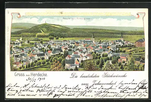 Lithographie Herdecke, Panorama vom Rehberg aus, Neujahrsgruss